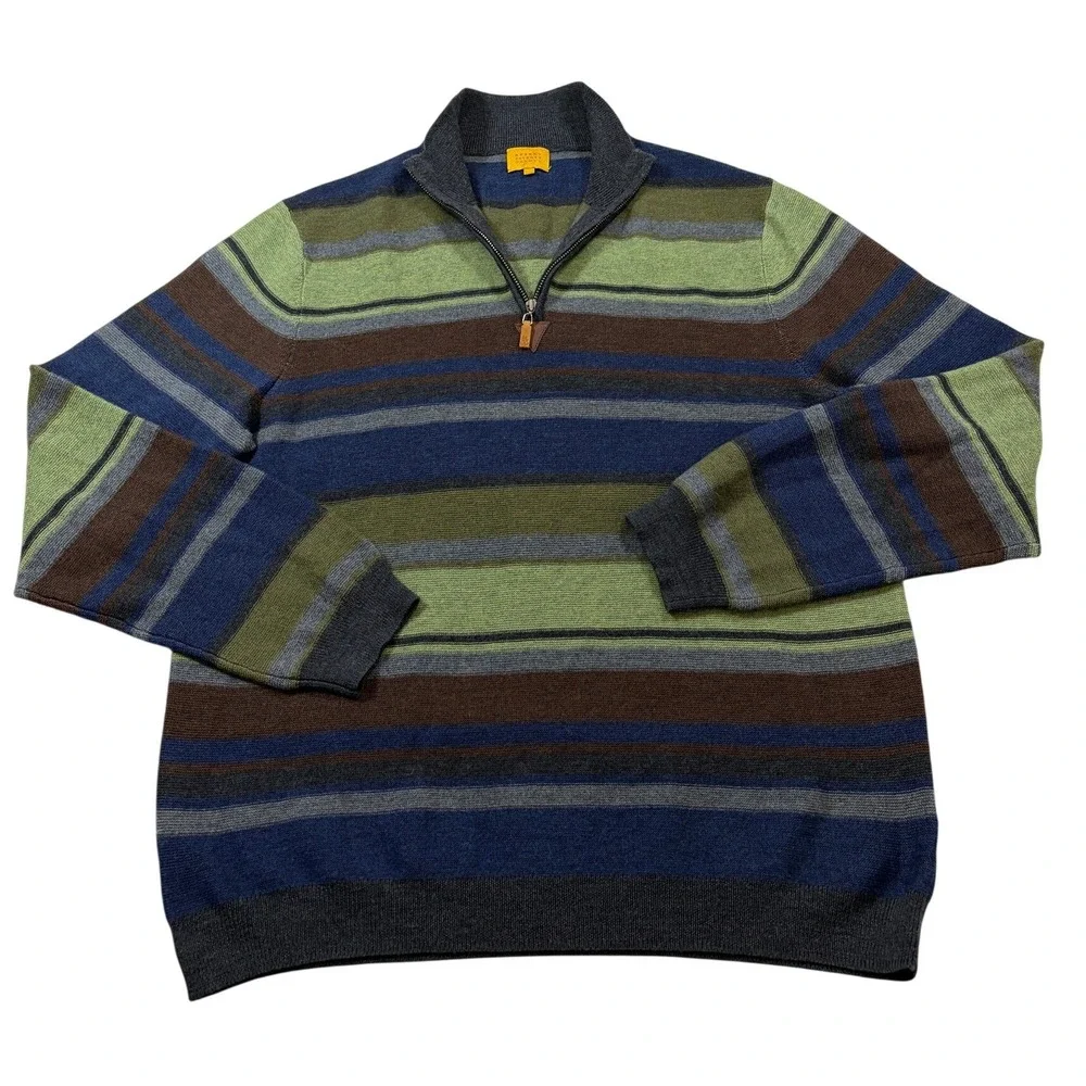 Robert Talbott Carmel Mens 100% Wool Striped Quarter Zip Sweater Blue Green M